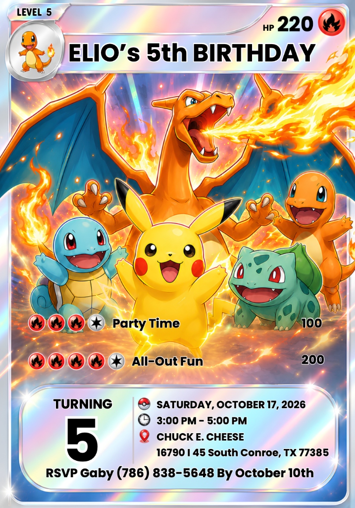 Elio's 5th Birthday Pokémon Card featuring Charizard, Pikachu, Squirtle, Bulbasaur, and Charmander
